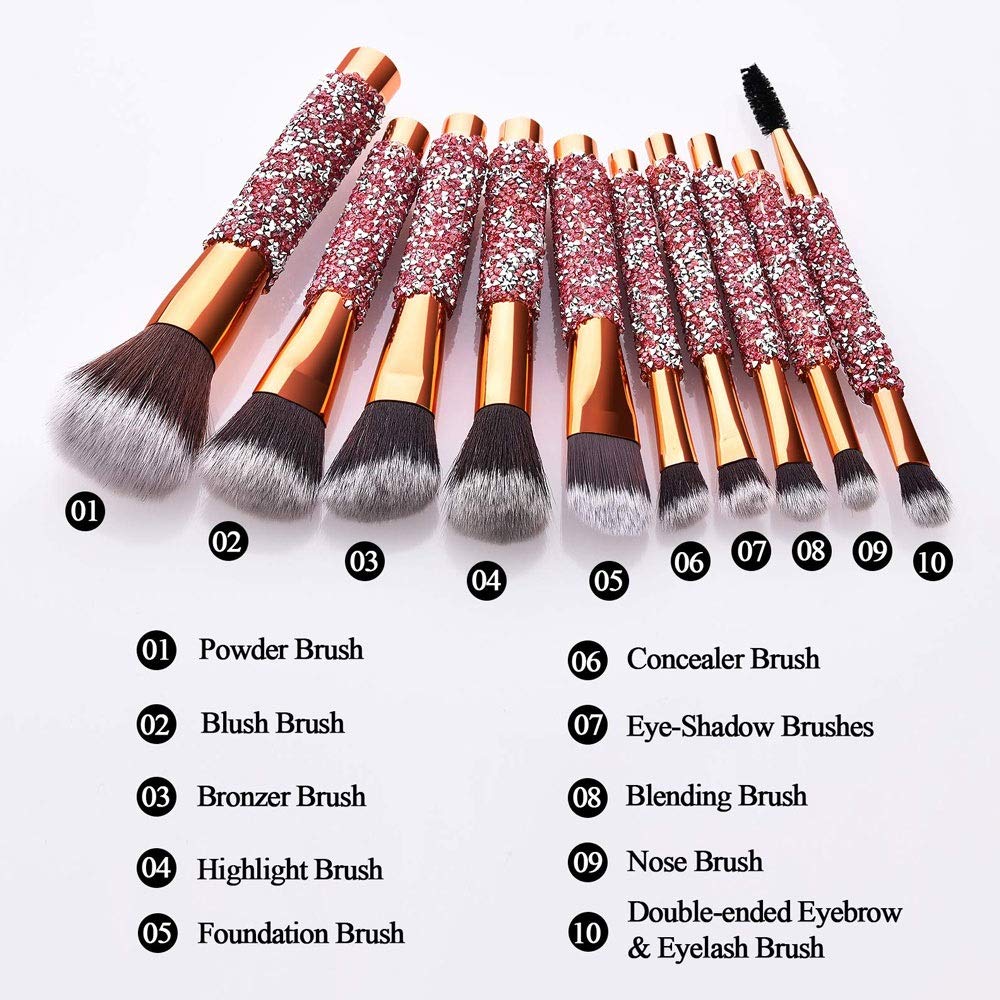 10-Piece Diamond Inlaid Makeup Brush Set with Storage Bag - Pink