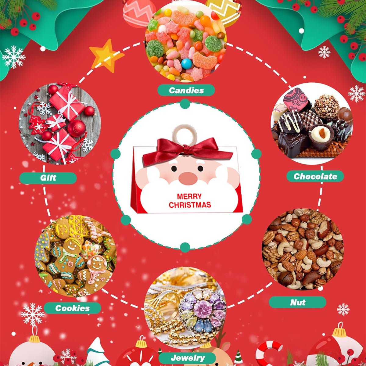 Christmas Candy Boxes - 10 Pack with Ribbon & Wooden Ring