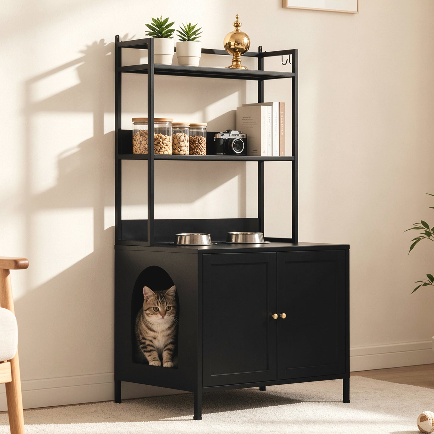 Metal Cat Litter Box Enclosure with 3-Tier Storage - Black