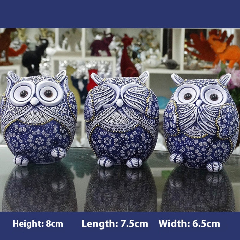 Blue and White Owl Resin Ornaments - Home Decor Garden Accents