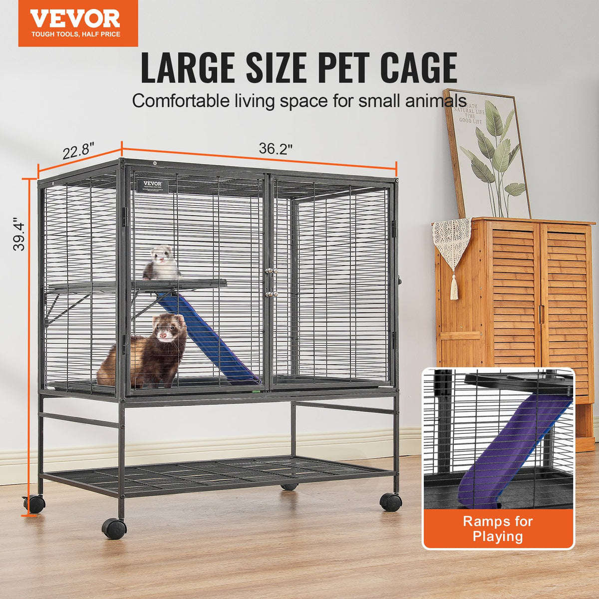 Small Animal Cage 2-Tier Metal Ferret Cage with Rolling Tray & Ramp - Black
