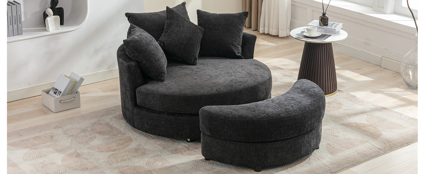 360° Swivel Accent Barrel Chair with Storage Ottoman & 4 Pillows - Gray
