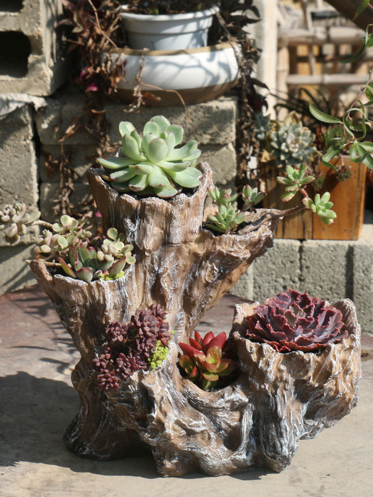 Cactus Flower Pot with Resin Material - Small Wooden Color Home Plant Container