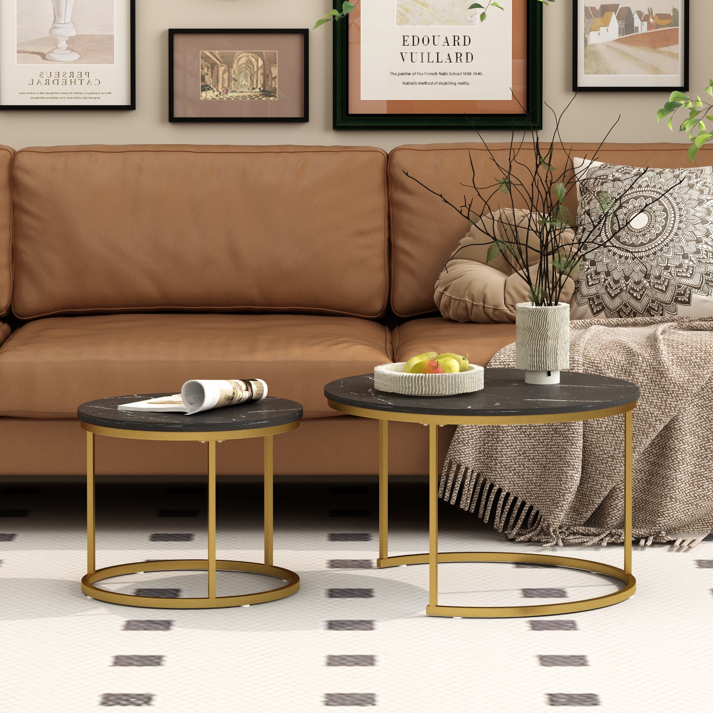 Nesting Coffee Table Set of 2 - Round Black+Gold Marble Top