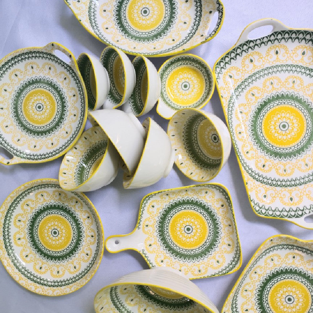 Bohemian Ceramic Dinnerware Set - 13 or 15 Piece Kitchen Plate & Cutlery Collection
