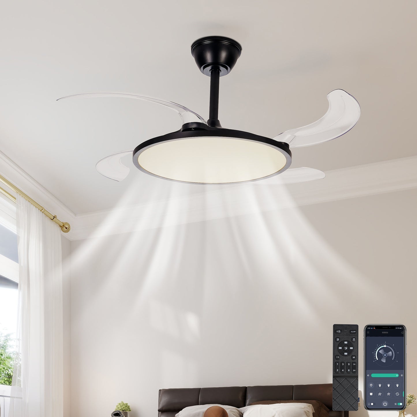 42-Inch Retractable Ceiling Fan with Light & Remote - Black