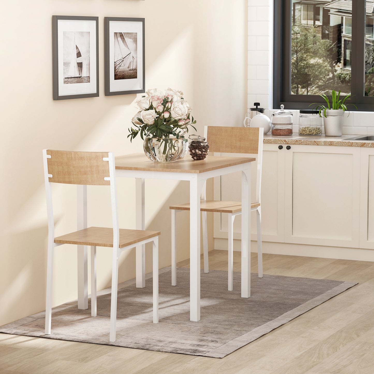 3-Piece White Square Dining Table Set with 2 Chairs