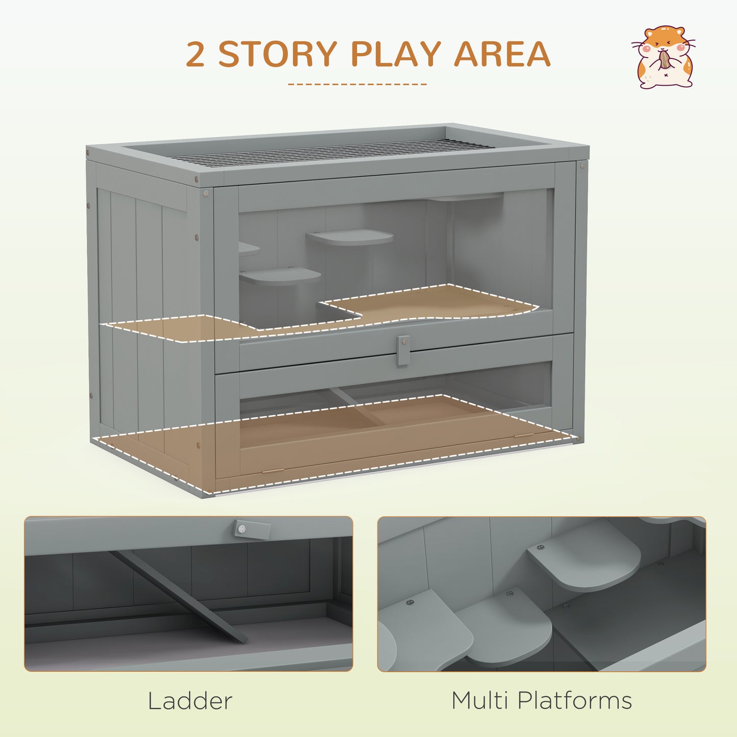 2-Level Hamster Cage with Openable Roof and Shelves - Gray, 660x160x455 mm