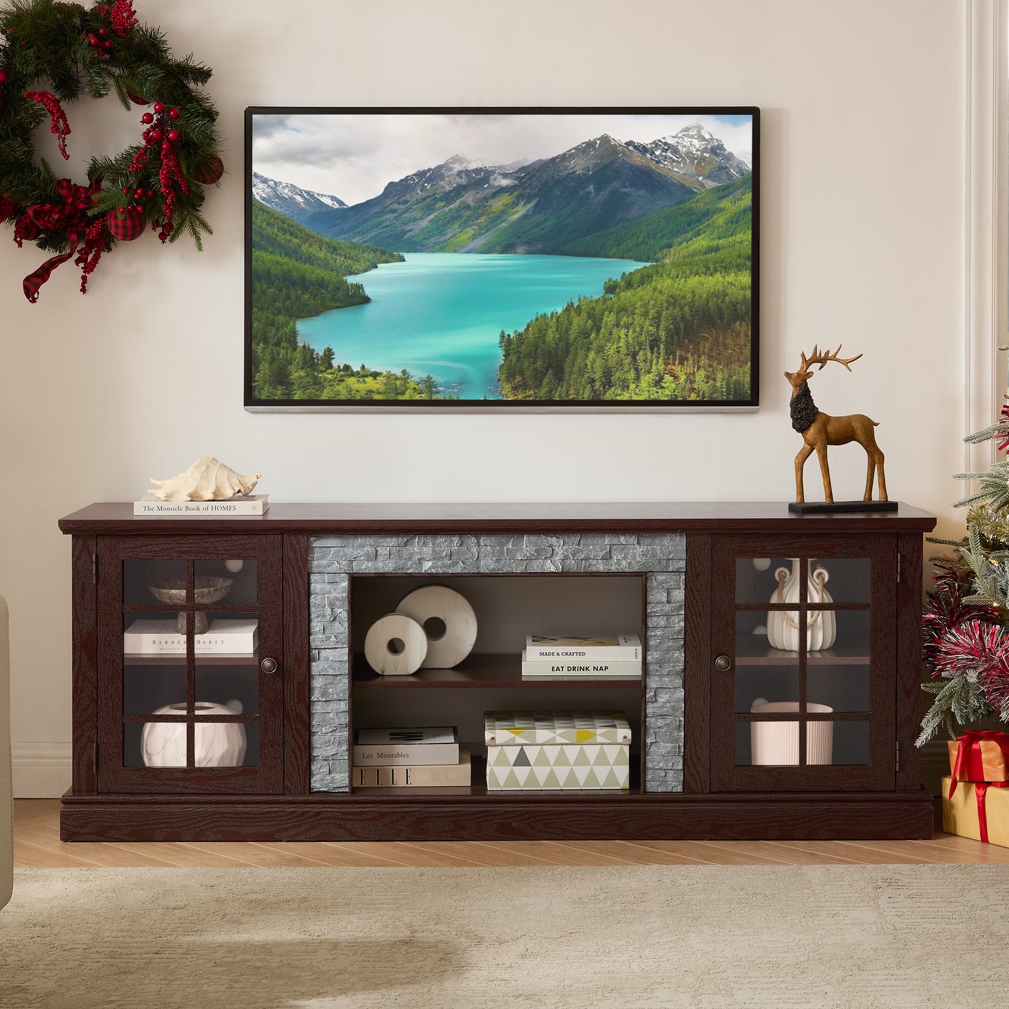 70 Modern TV Stand With 2-Door Storage, Faux Stone Media Console
