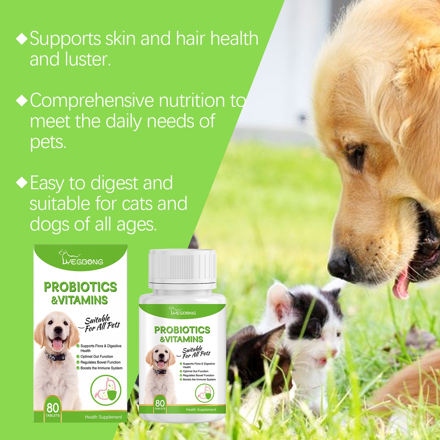 Pet Probiotics & Vitamin Tablets for Dogs & Cats - Gut & Immune Support, 80 Chewable Tablets