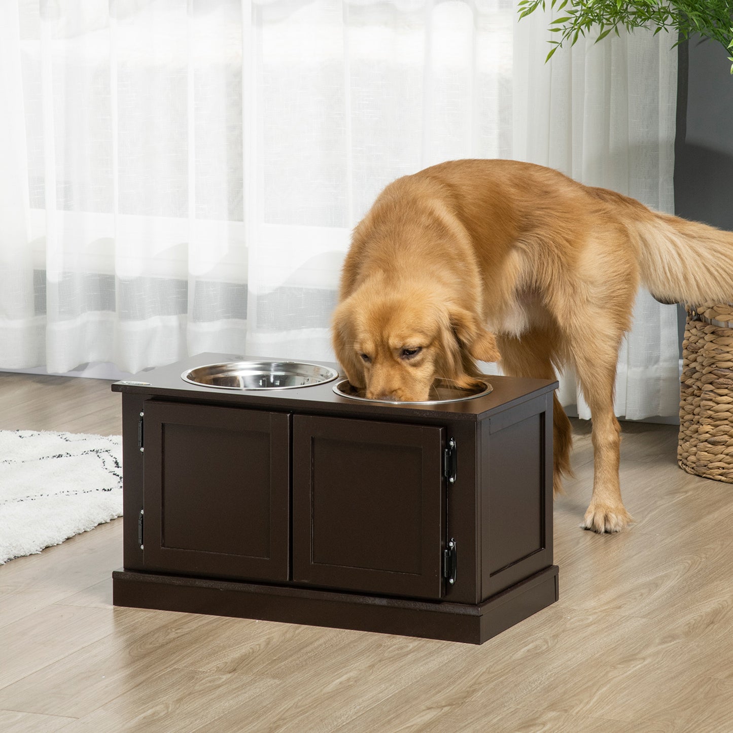 Elevated Dog Bowls with Storage for Large Dogs - Stainless Steel & Wooden Frame