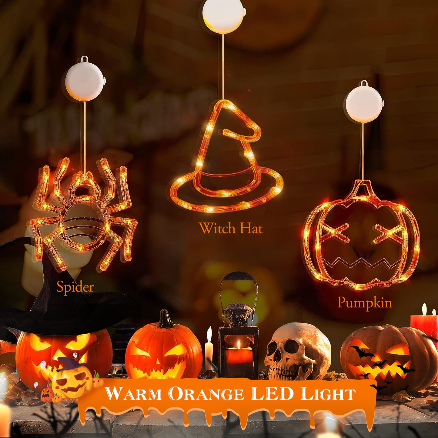 Halloween Window Light Decoration Set - 3 Pack with Spider, Witch Hat & Pumpkin