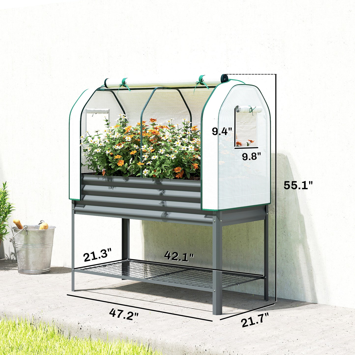 Galvanised Raised Garden Bed with Greenhouse Cover - Metal Elevated Planting Box, Dark Gray 1330x370x120mm