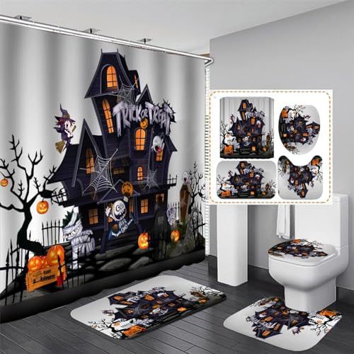 Christmas Shower Curtain Set with Non-slip Bath Mat and Toilet Lid Cover - Snowman Snowflake Decor