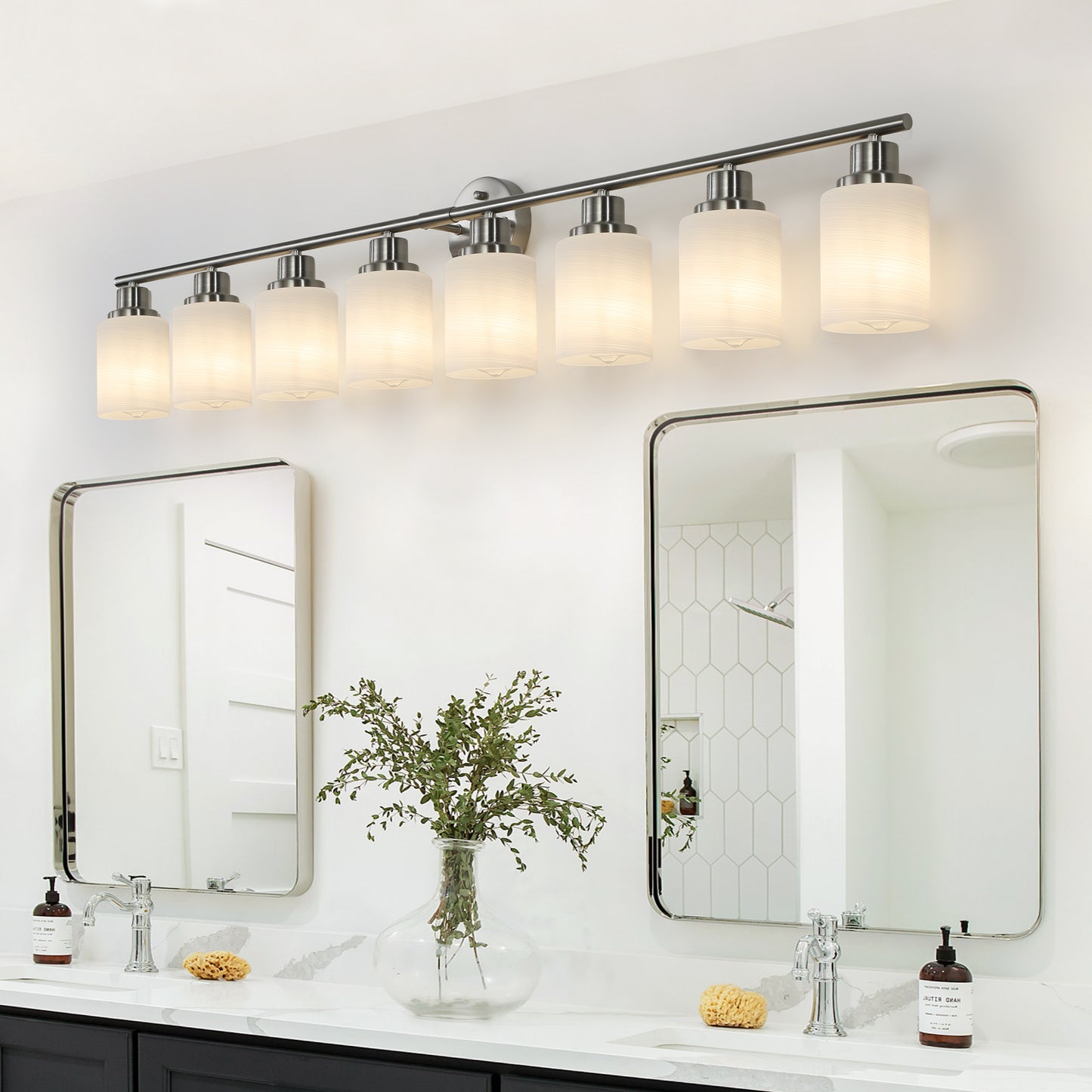 Modern 8-Light Vanity Wall Sconce - Brushed Nickel with Frosted Glass