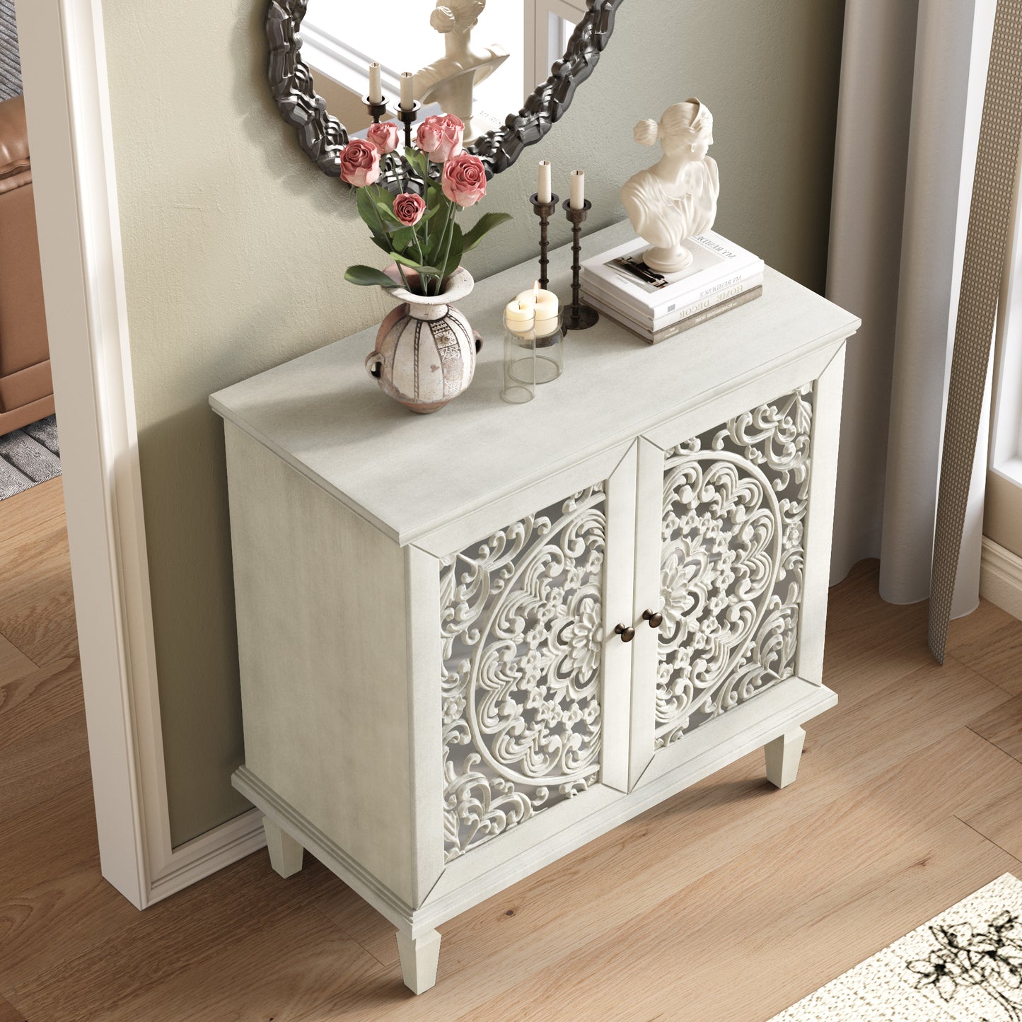 Vintage Hollow-Carved Accent Cabinet - 2-Door Display Sideboard