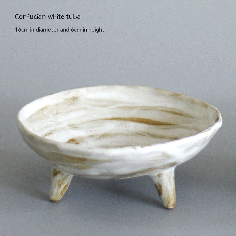 Stoneware Three-Legged Food Plate - Antique Ceramic Fruit Dish, Zen Dim Sum