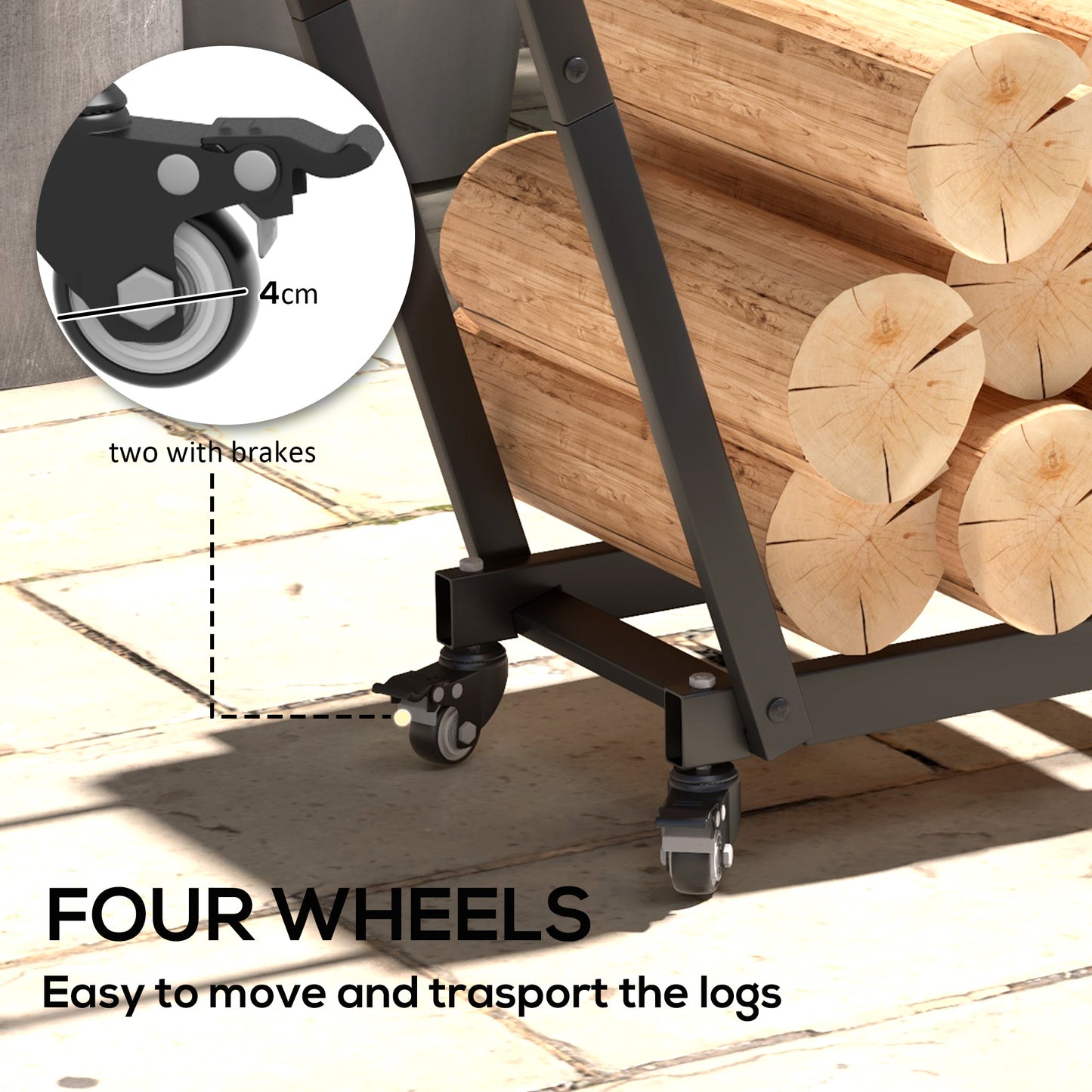 Firewood Rack with Wheels - Metal Log Holder with Kindling & Tool Hooks, Indoor/Outdoor, 31.1 x 11.8 x 31.9 Inches, Black