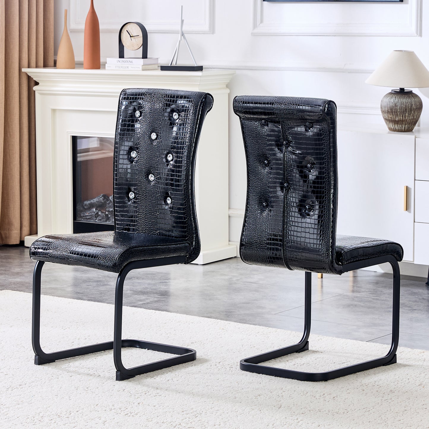 Set Of 2,Retro Alligator Skin Upholstered Dining Chairs,with Crystal