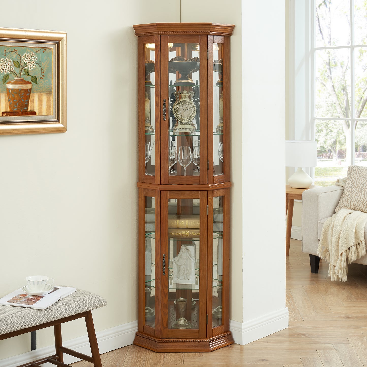 Corner Curio Cabinet Lighted Display, Glass Display Shelf Shelving