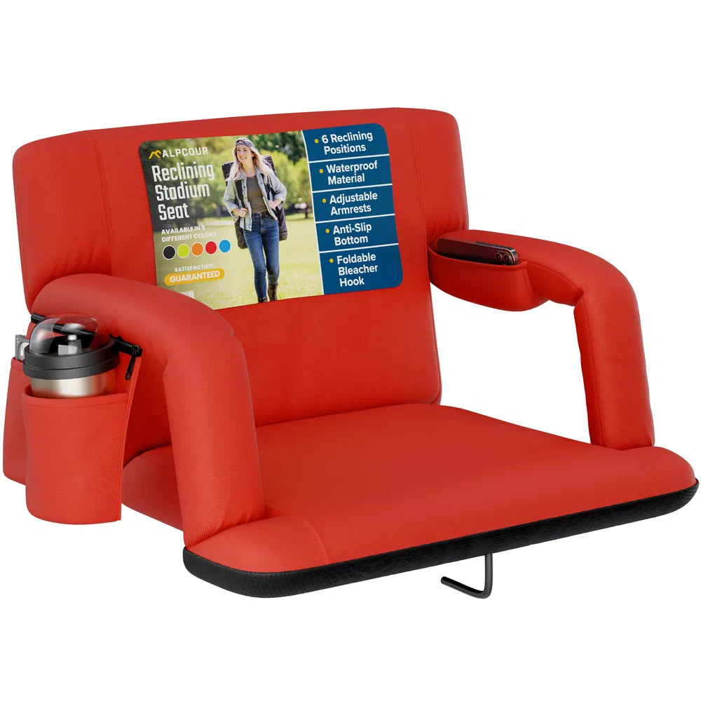 Reclining Stadium Seat - Waterproof Foldable Camping Chair with Armrests & Adjustable Positions