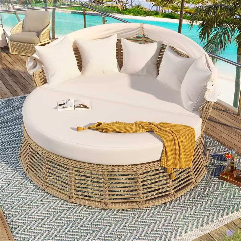 Outdoor Patio Rattan Round Daybed With Retractable Canopy, Wicker