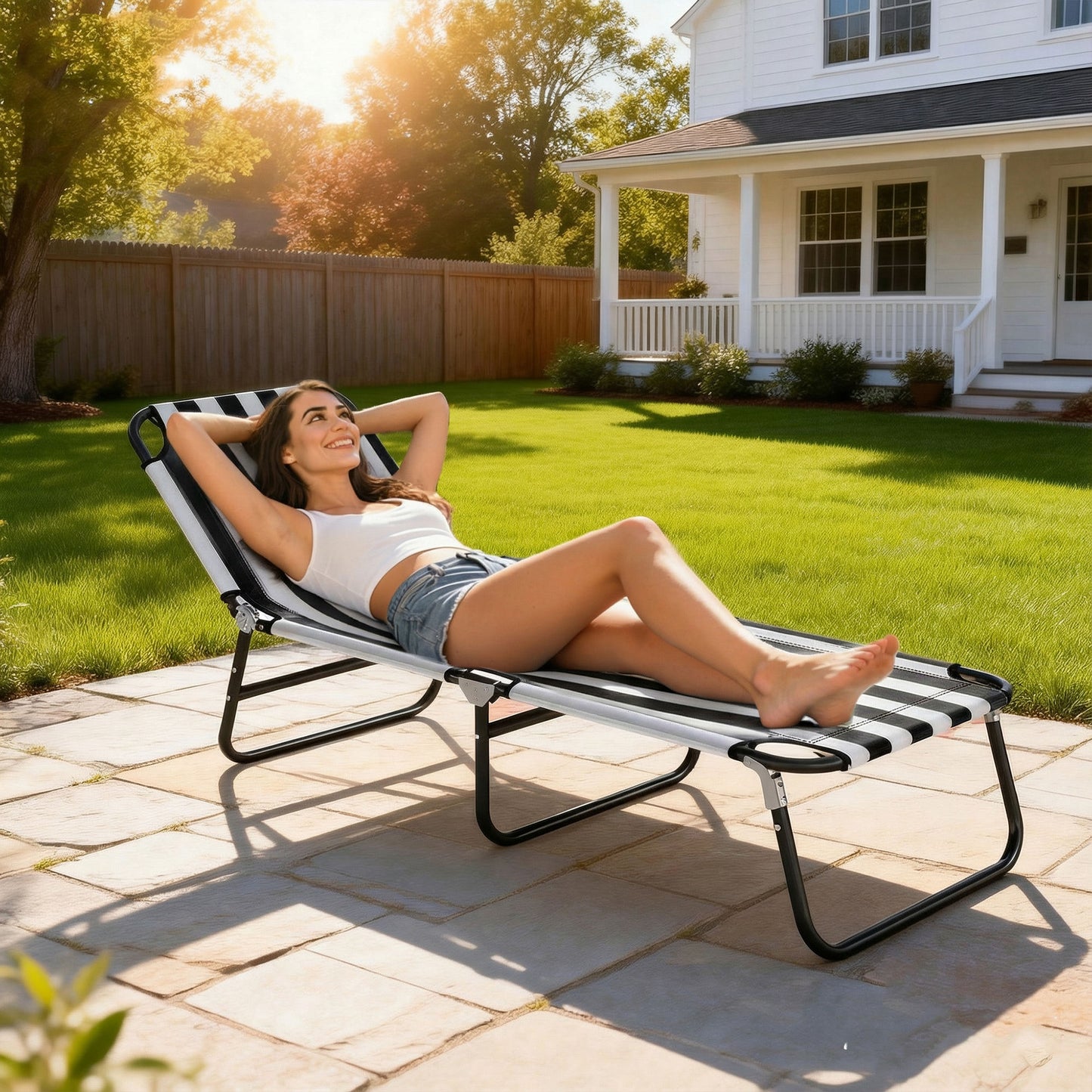 Adjustable Portable Folding Beach Lounger - Black & White