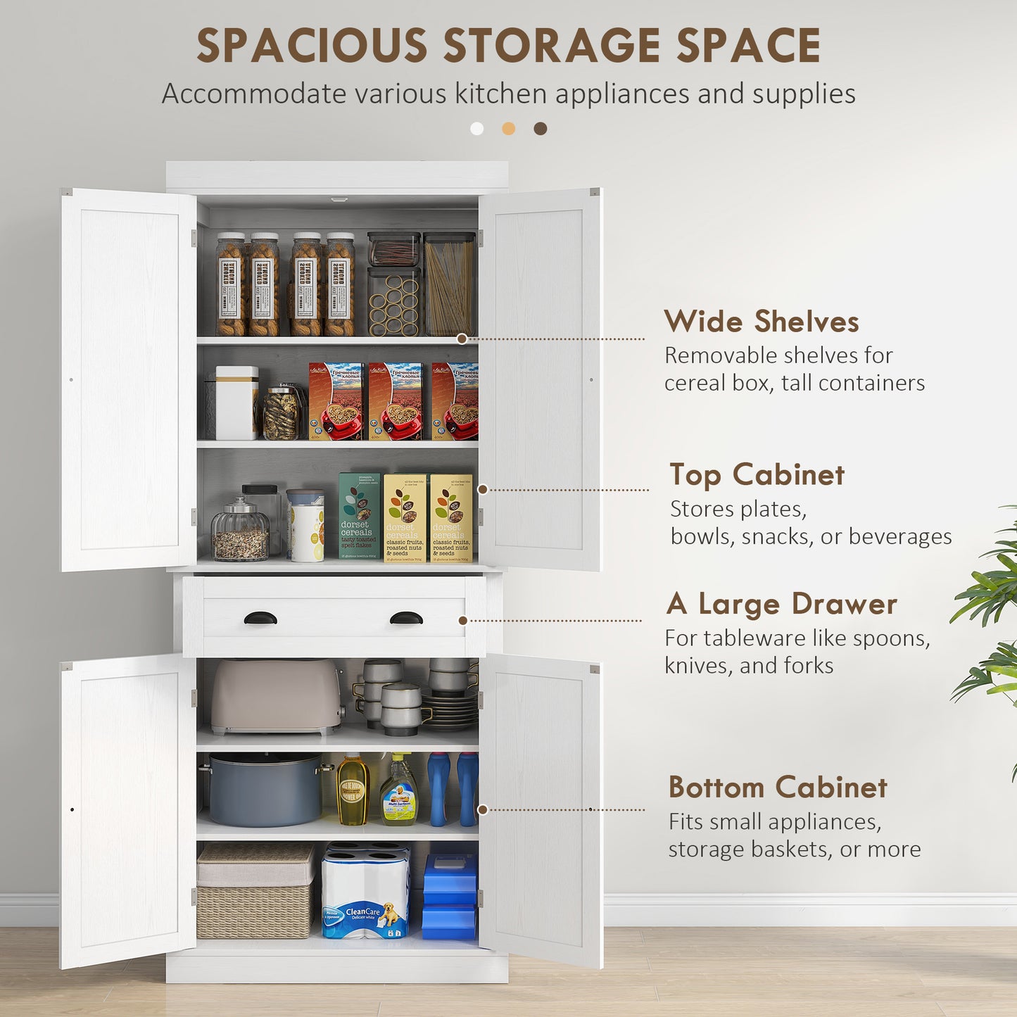 72.5" Freestanding Kitchen Pantry Cabinet with Doors & Shelves - White Wood Grain