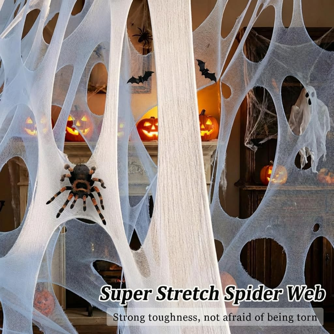 Giant Halloween Spider Web Decoration - 450 Sq Ft with Stakes