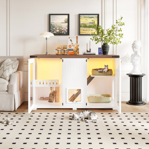 Large Cat Litter Box Enclosure with LED Light and Stairs - White