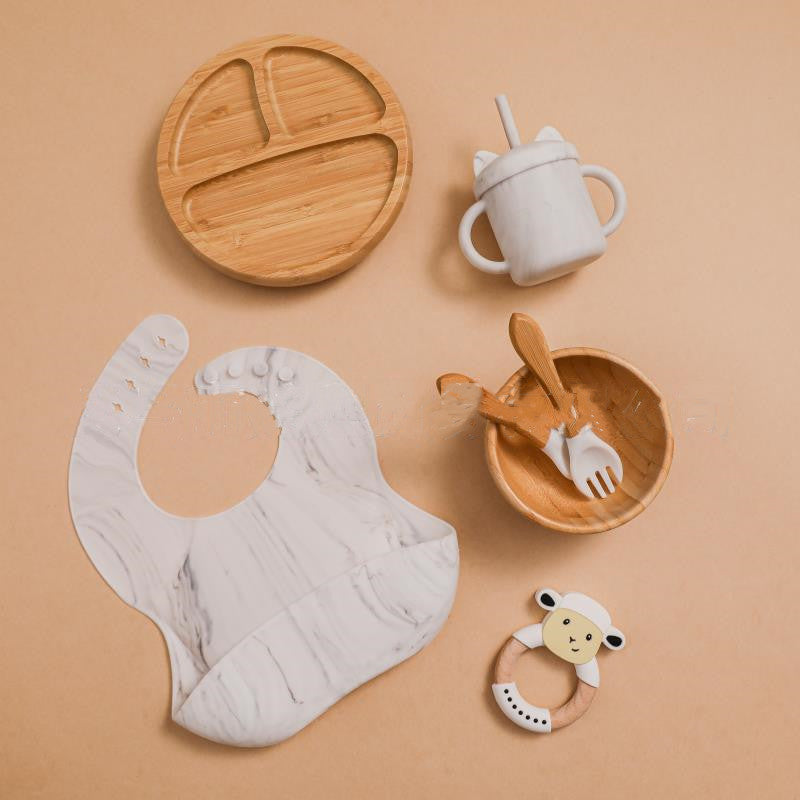 Baby Food Tableware Set Silicone Bib Plate Straw Cup Fork Spoon Kids Dining Kit