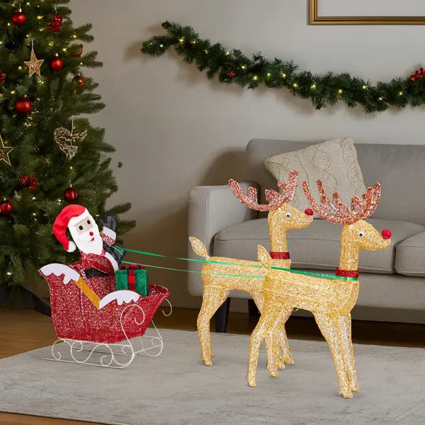 Lighted Reindeer Pulling Sleigh Christmas Decoration - Pre-lit Holiday Decor
