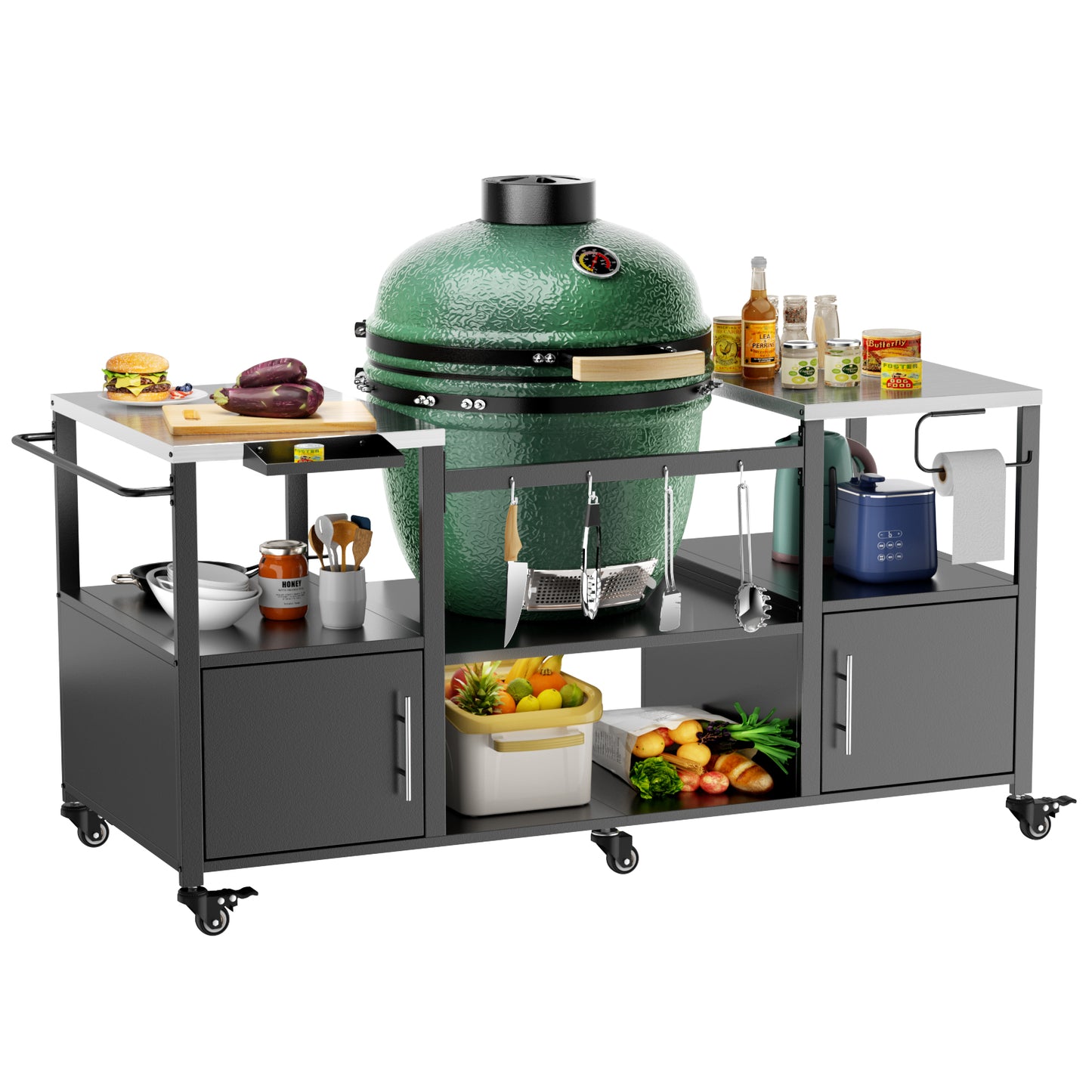 Outdoor Grill Cart for Big Green Egg & Kamado Joe - Metal BBQ Table with Storage