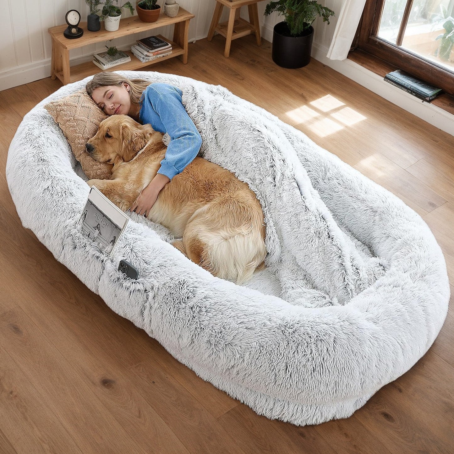 Large Human Dog Bed - Washable Faux Fur Napping Orthopedic Bed for People and Pets, 71x45x14 Grey