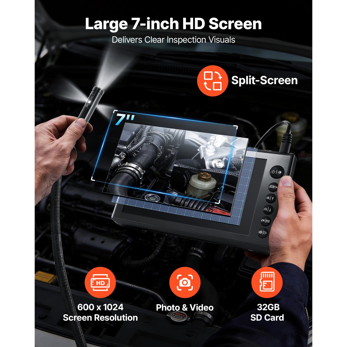 Industrial Borescope Endoscope with 8X Zoom, HD Split Screen, 16.4ft Waterproof Snake Camera