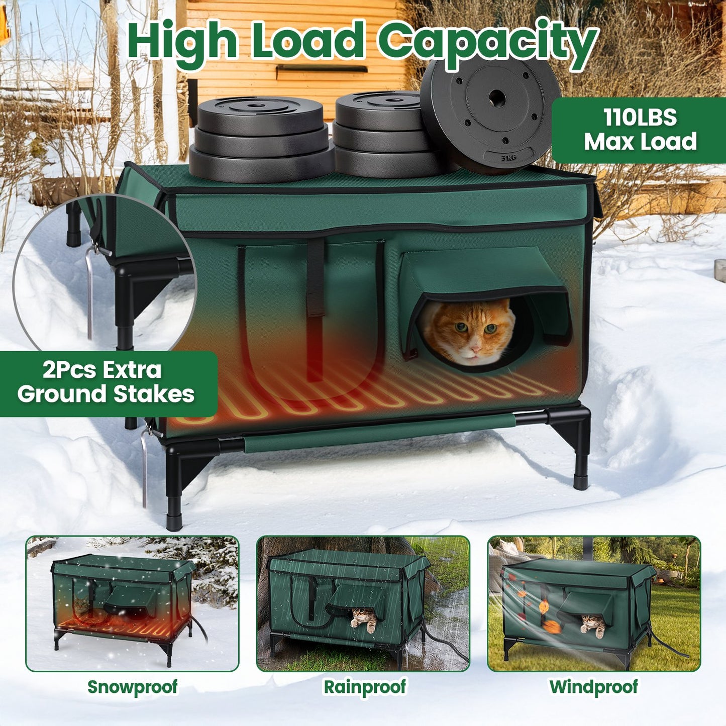 Outdoor Waterproof Heated Cat House with Insulated Shelter, 2 Doors & 3 Windows, Weatherproof Feral Cat Shelter - Green