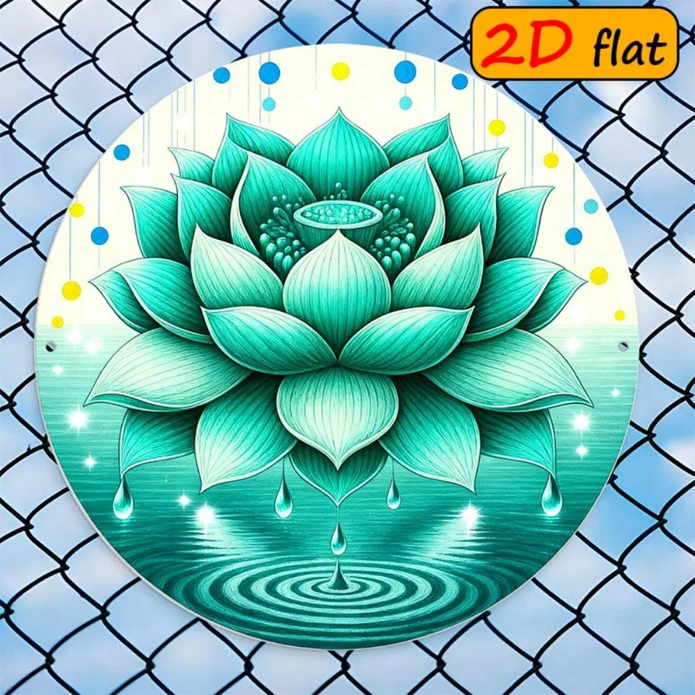 Fresh Green Lotus Droplet Round Sign - 7.87 inch Metal Plaque