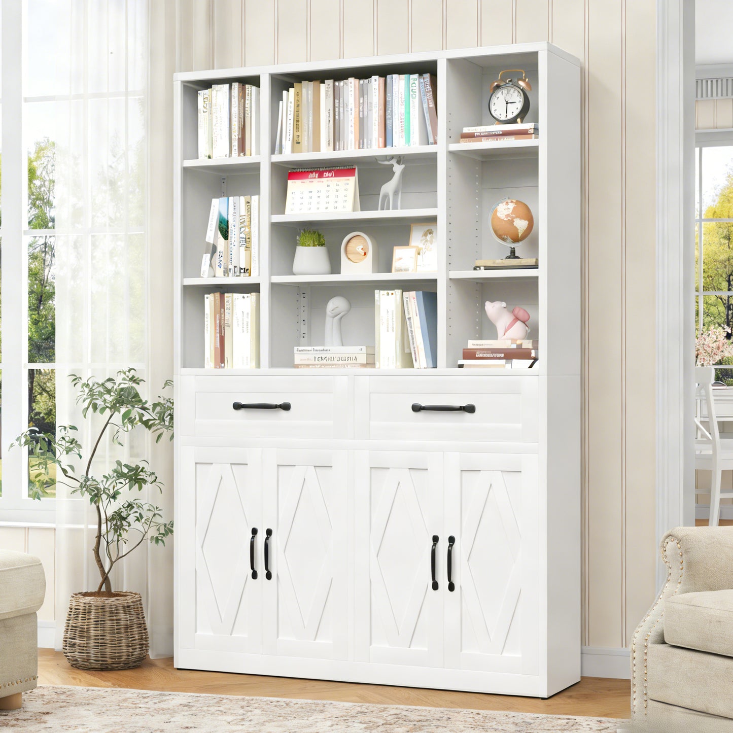71 Tall Bookcase With Doors, Drawers & Adjustable Open Shelves, Metal
