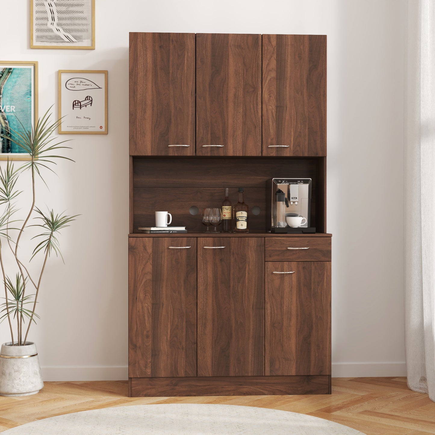 70.87" Tall Walnut Wardrobe & Kitchen Cabinet with 6 Doors, 1 Drawer & Open Shelf