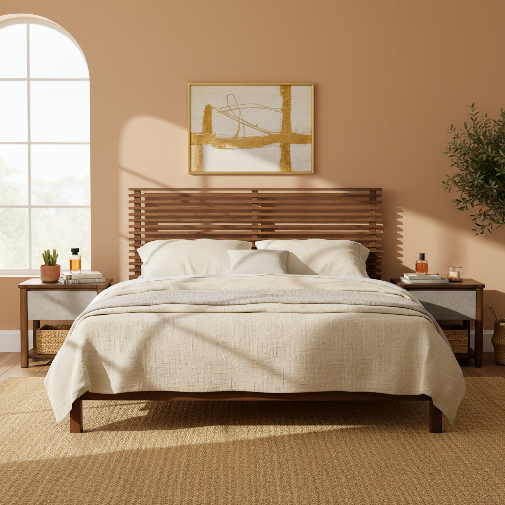 Premium Solid Wood King Size Bed Frame With Headboard, -Walnut Color,