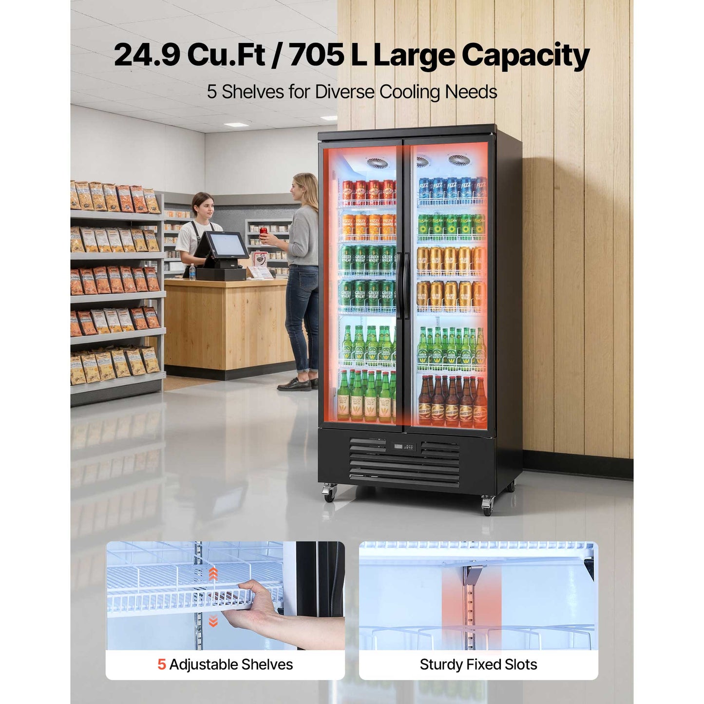 Commercial Beverage Cooler Refrigerator 24.9 Cu.Ft Upright Display with Glass Doors