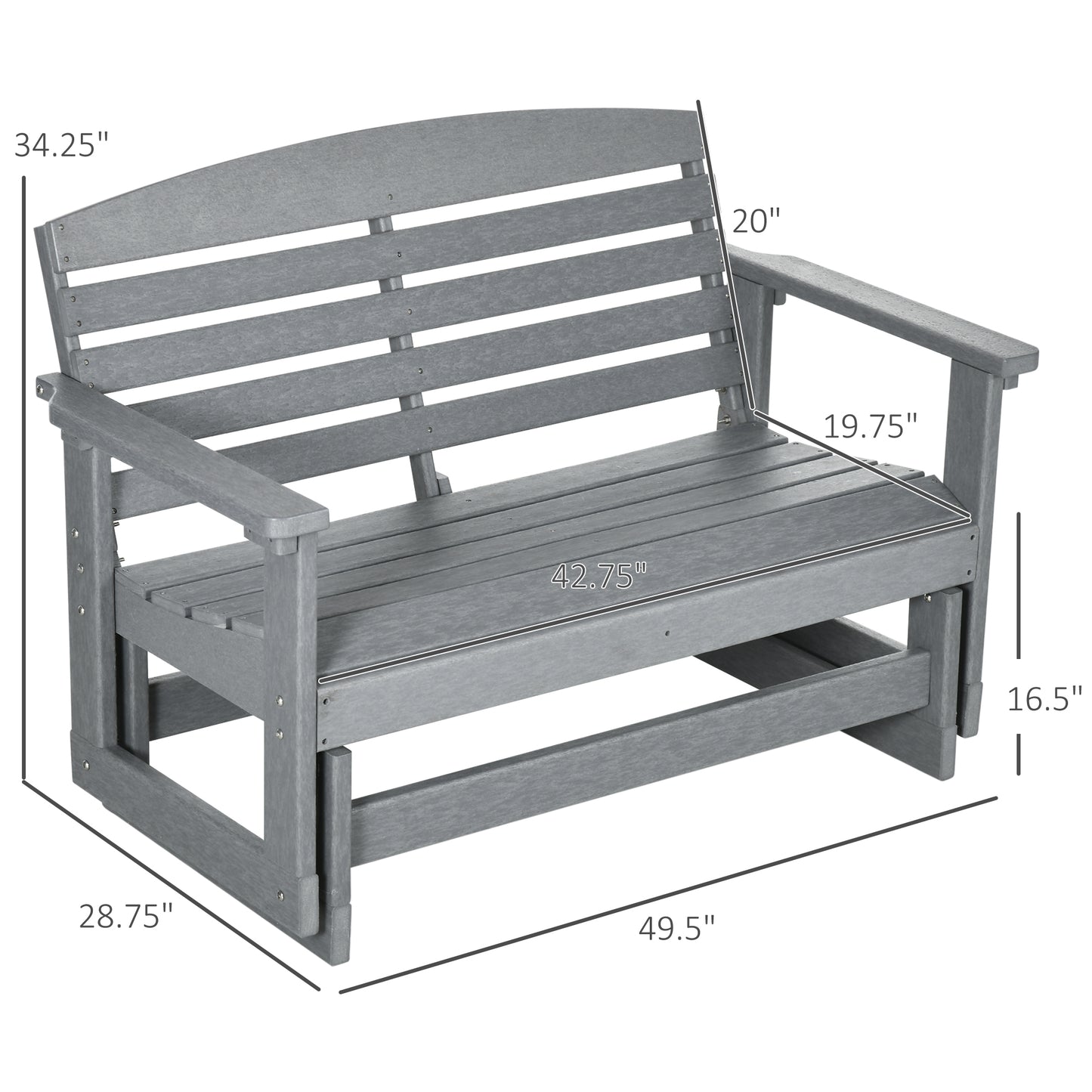 Outdoor Patio Glider Bench - HDPE Slatted Rocking Chair, Light Gray