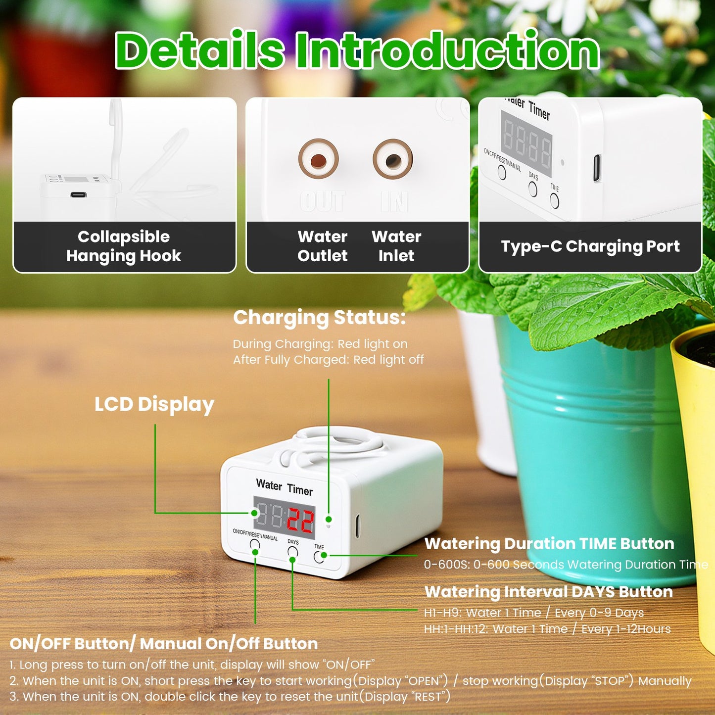 Automatic Plant Watering System with LCD Display Rechargeable Drip Irrigation for Indoor Plants