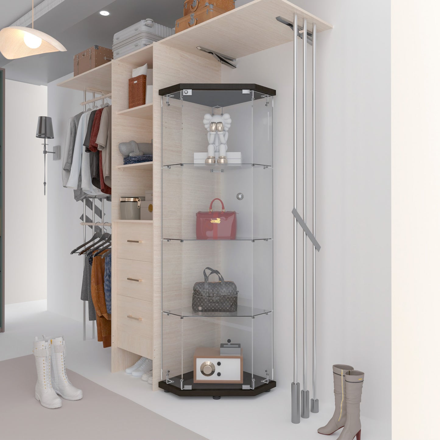 Glass Display Cabinet With 4 Shelves,Pentagon,Curio Cabinets For