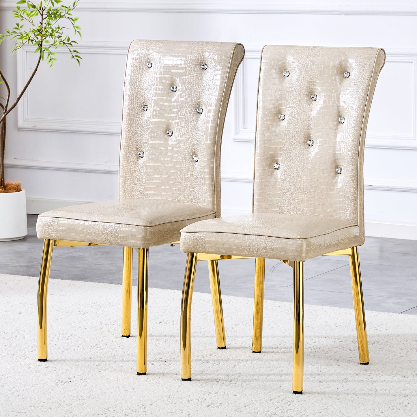 Set of 2 Beige and Gold Vintage Crocodile Leather Dining Chairs