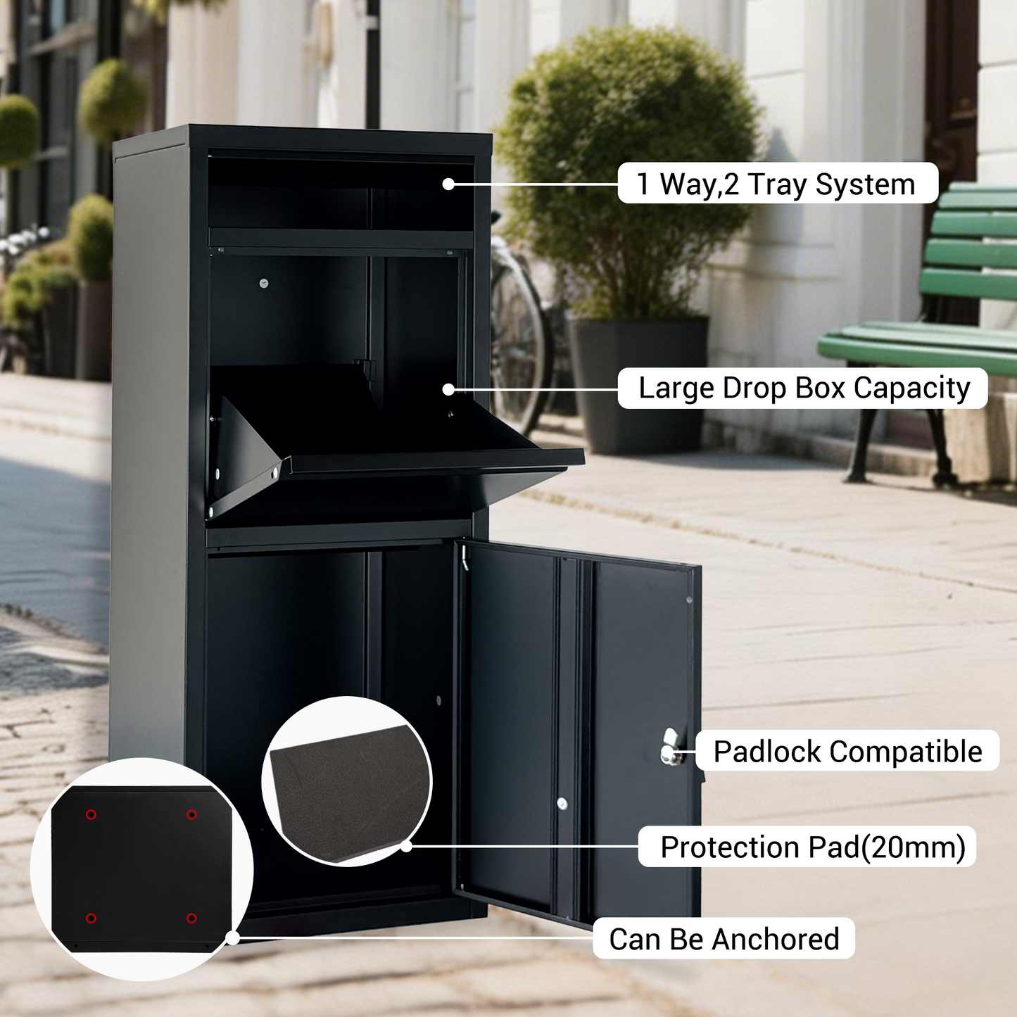 Large Steel Package Delivery Box with Lockable Mail Compartment - Black