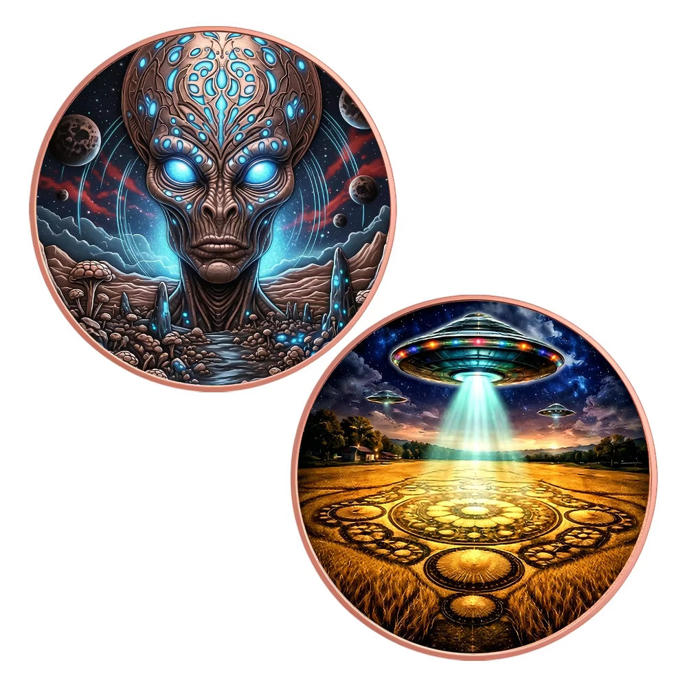 Sci-Fi Gray Alien Challenge Coin - Blue Metal Collectible Medallion