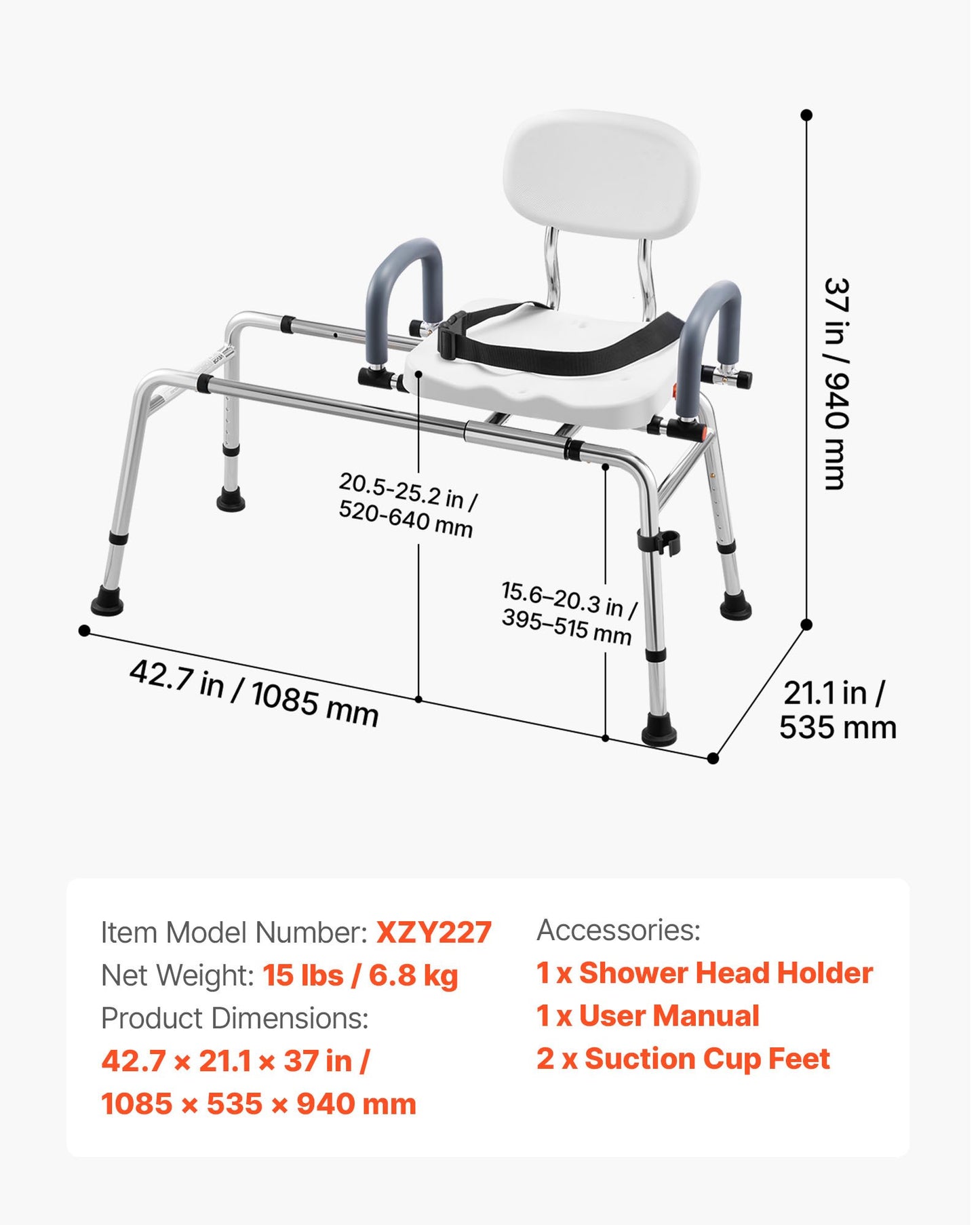 Sliding Shower Chair with Swivel Seat & Adjustable Height - Heavy Duty Handicap Bath Bench