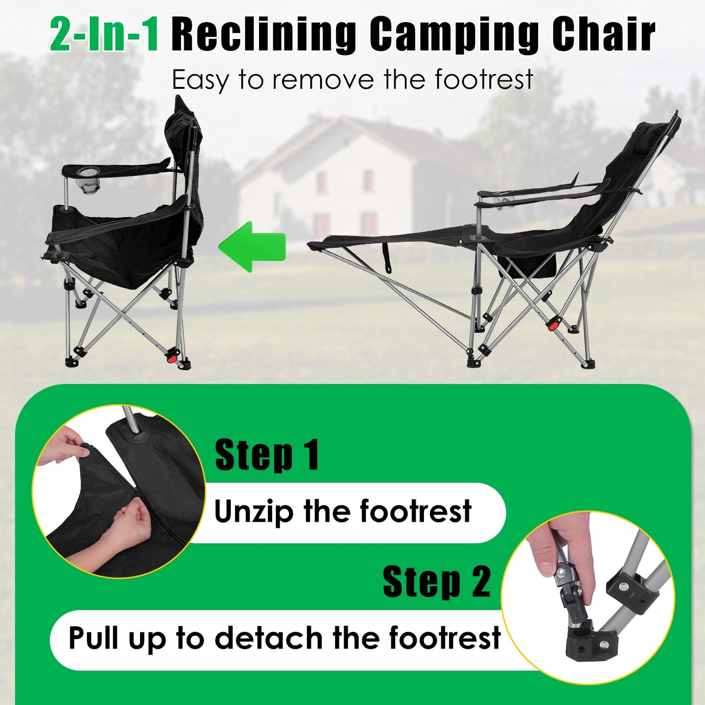 Adjustable Reclining Camping Chair with Footrest & Cup Holder