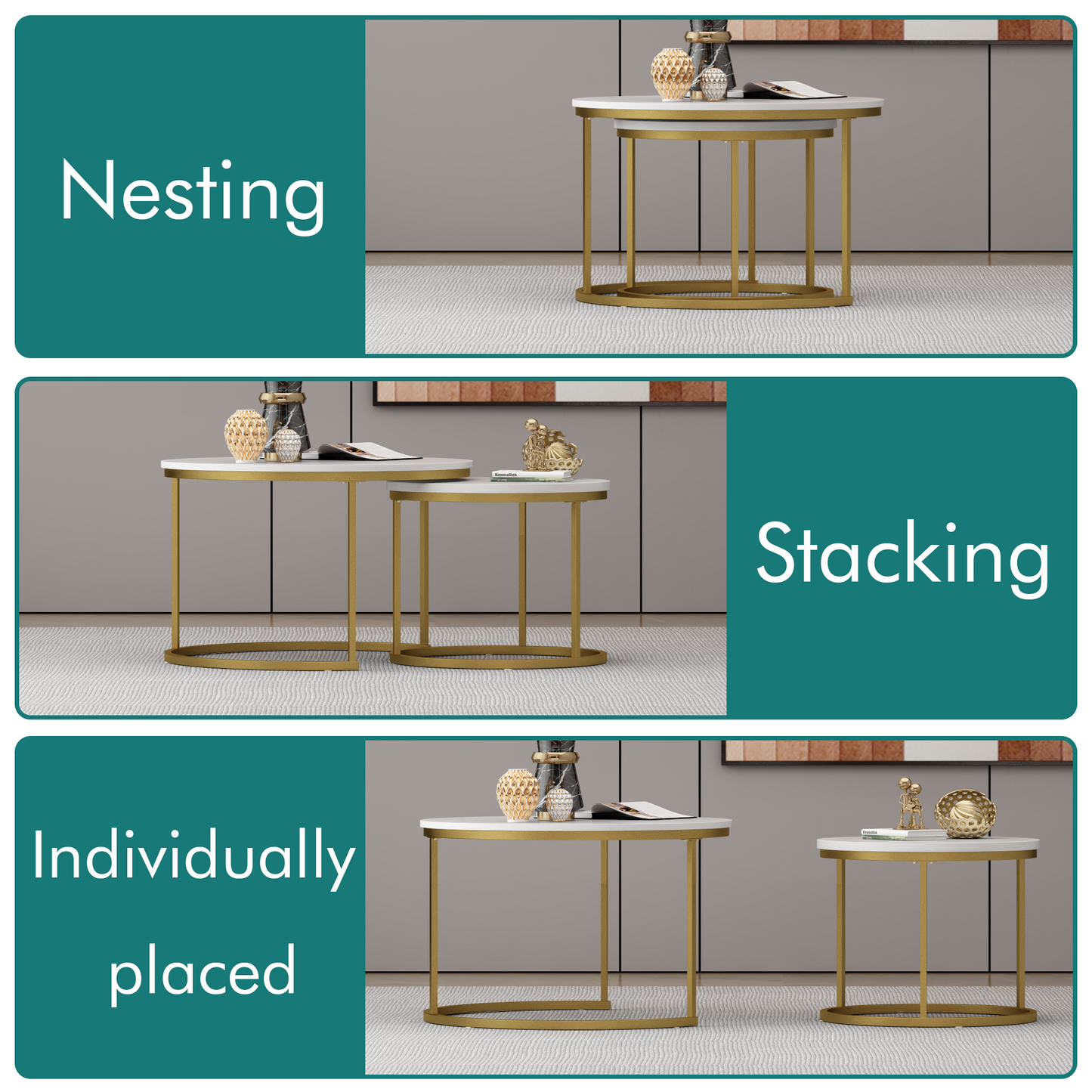 Nesting Coffee Table Set of 2 - Round Wood Marble Pattern - White+Gold